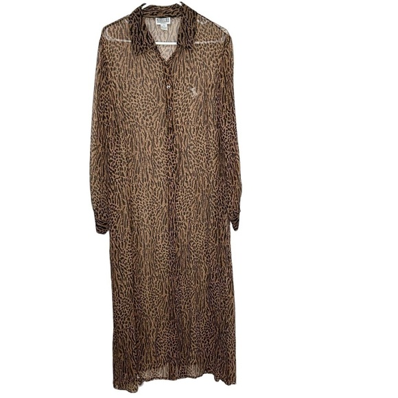 Robbie Bee Womens Animal Print Silk Duster 16W Brown Semi Sheer Button Front - Picture 1 of 4